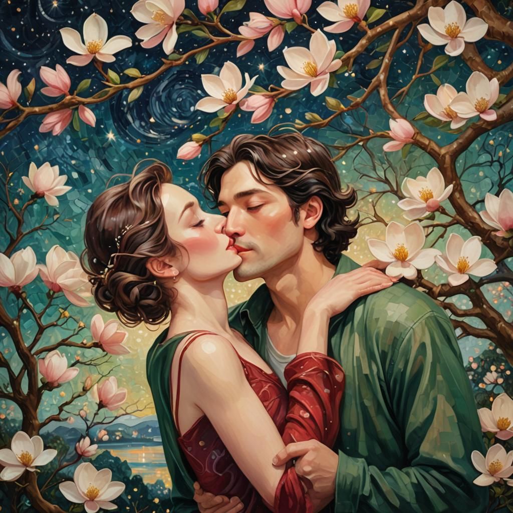 Kissing couple under the branch of a blooming magnolia tree,...