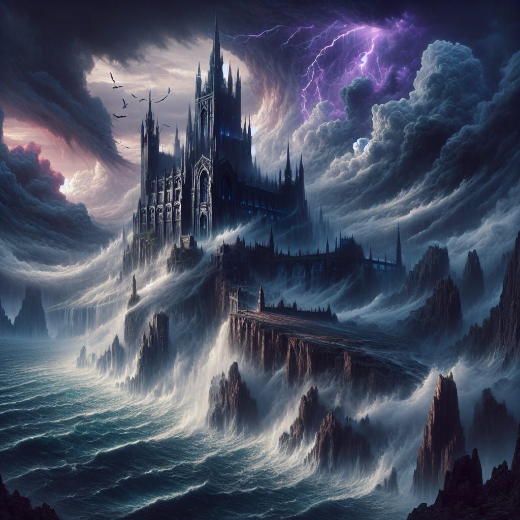 Surreal Gothic Cathedral Towers Over Turbulent Sea