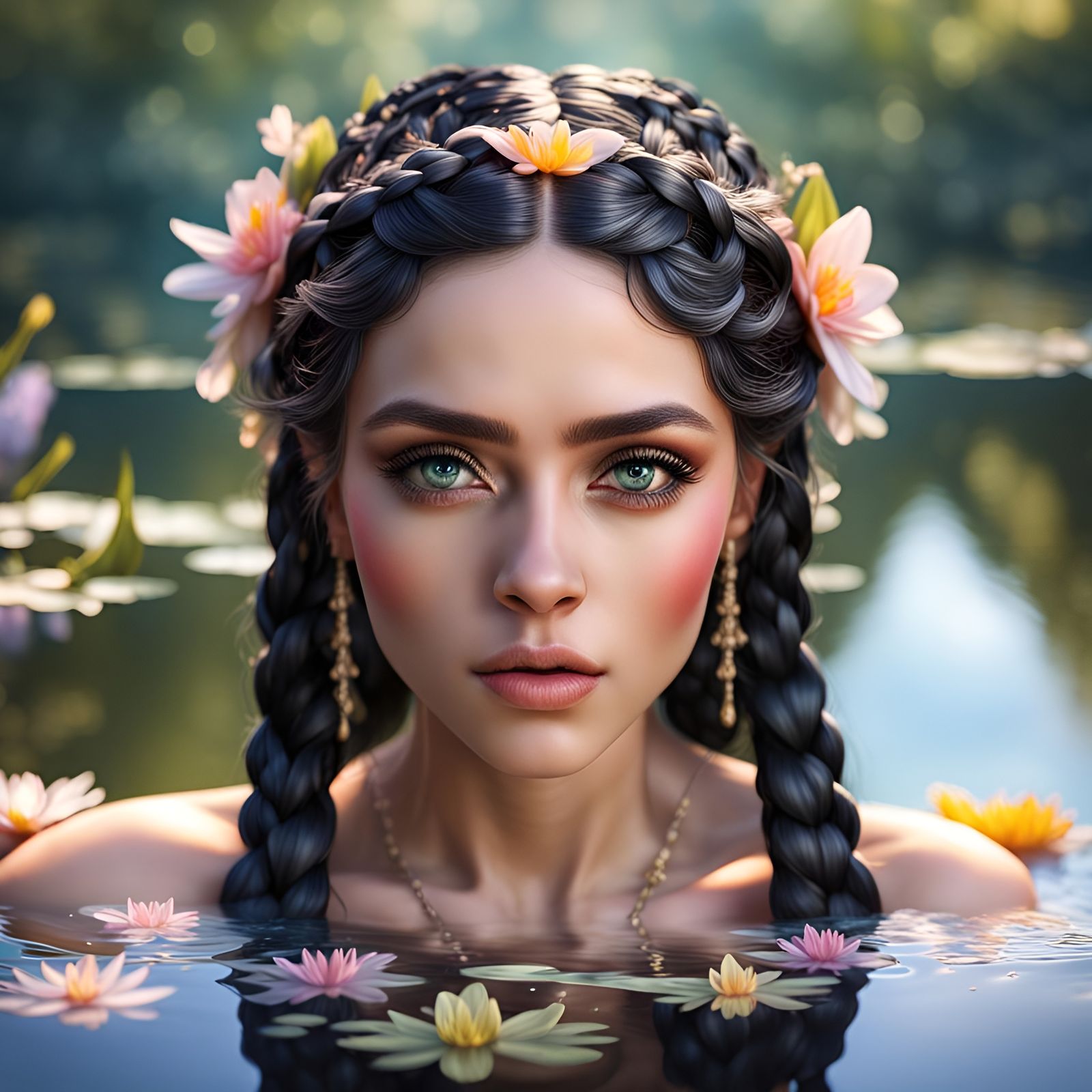 Woman with Braids at Pond, Photorealistic Style