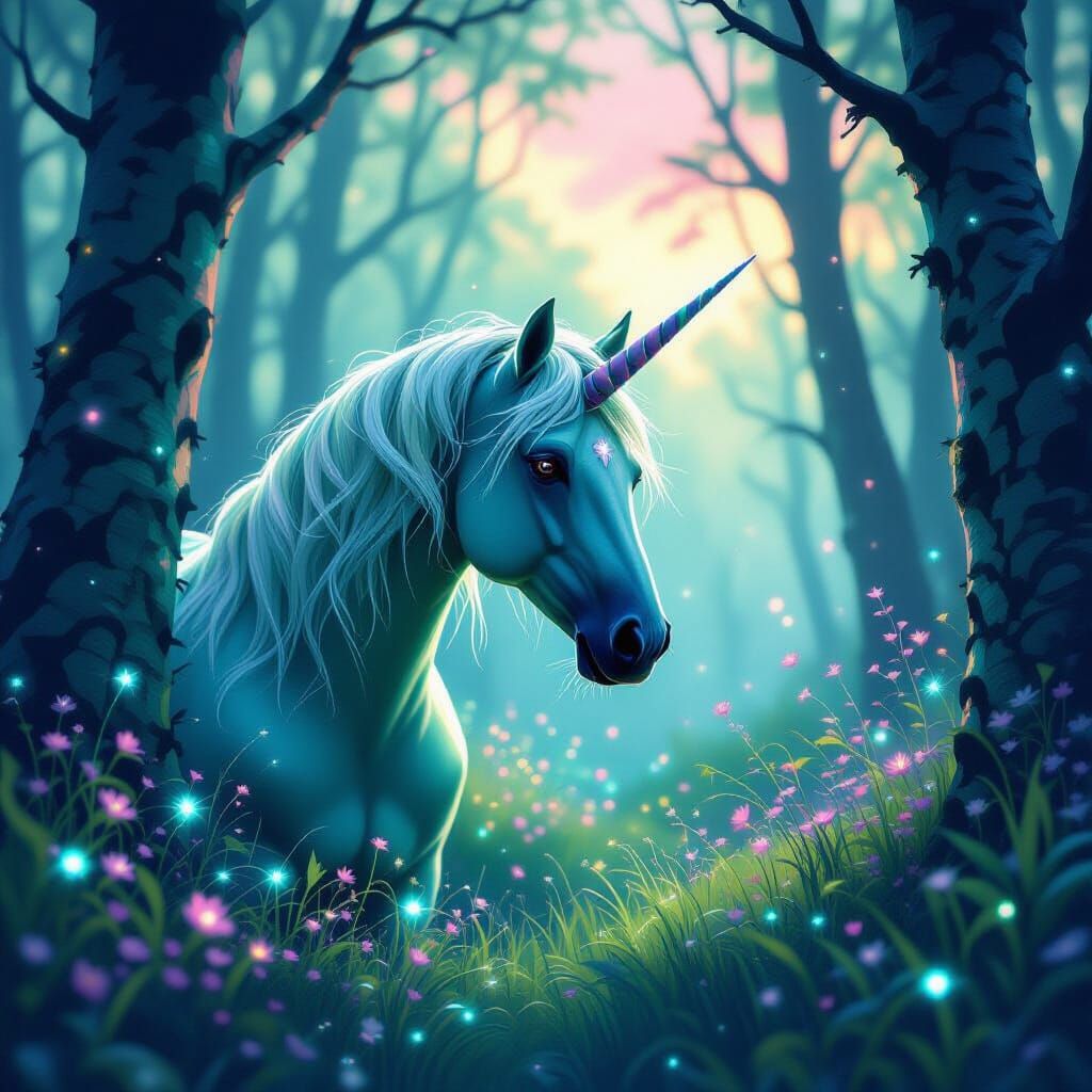 Green Unicorn in Bioluminescent Forest: Digital Art