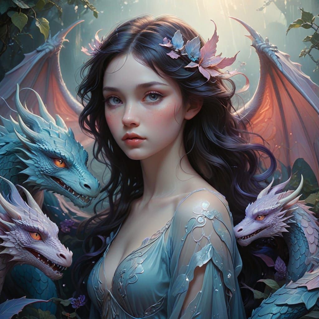 Ethereal Fantasy Angel Clings to Iridescent Dragons in Misty...