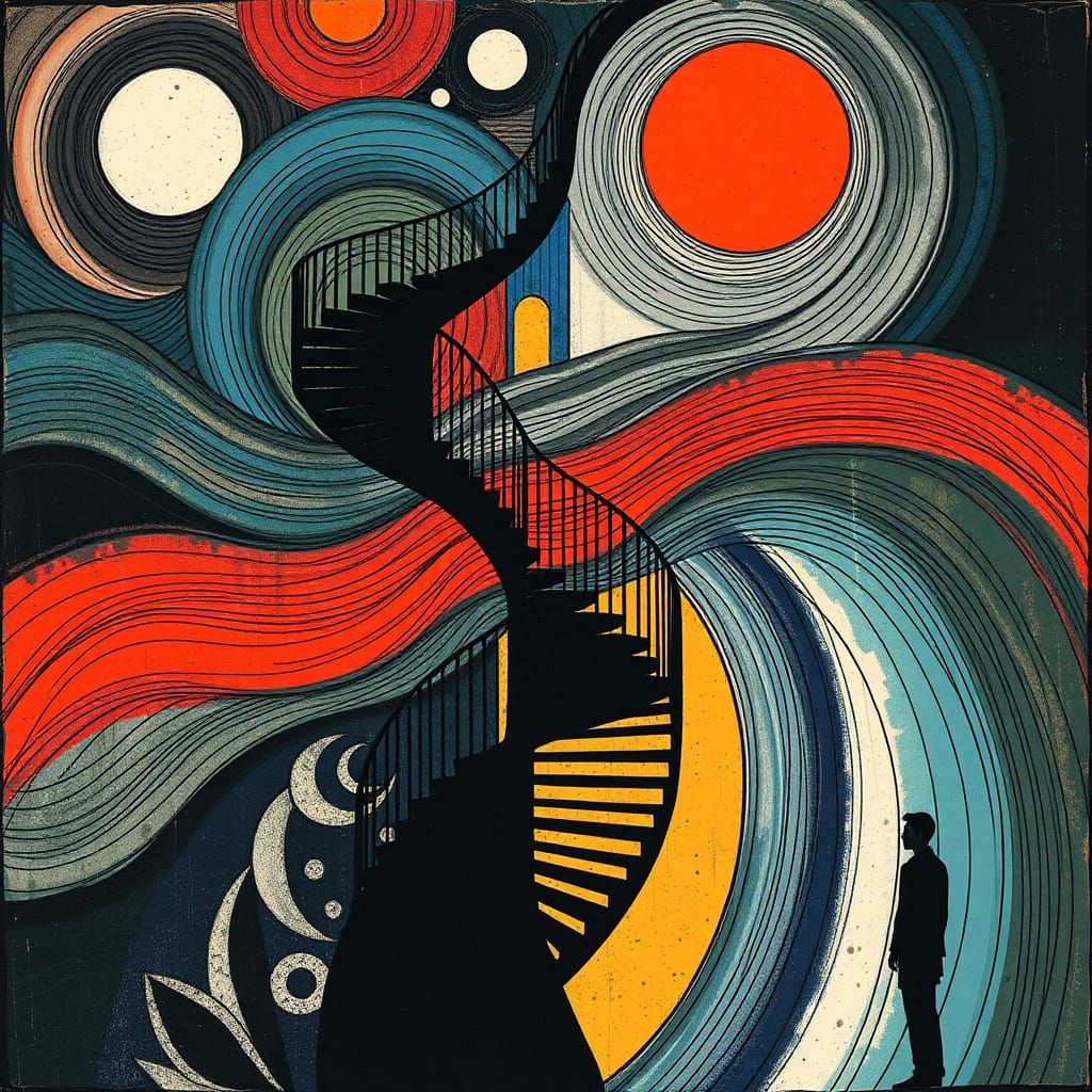Surreal Abstract Expressionism with Spirals and Silhouettes