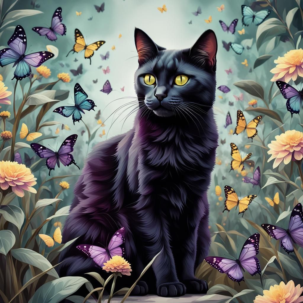 Majestic Black Cat with Butterflies in Pastel Colors