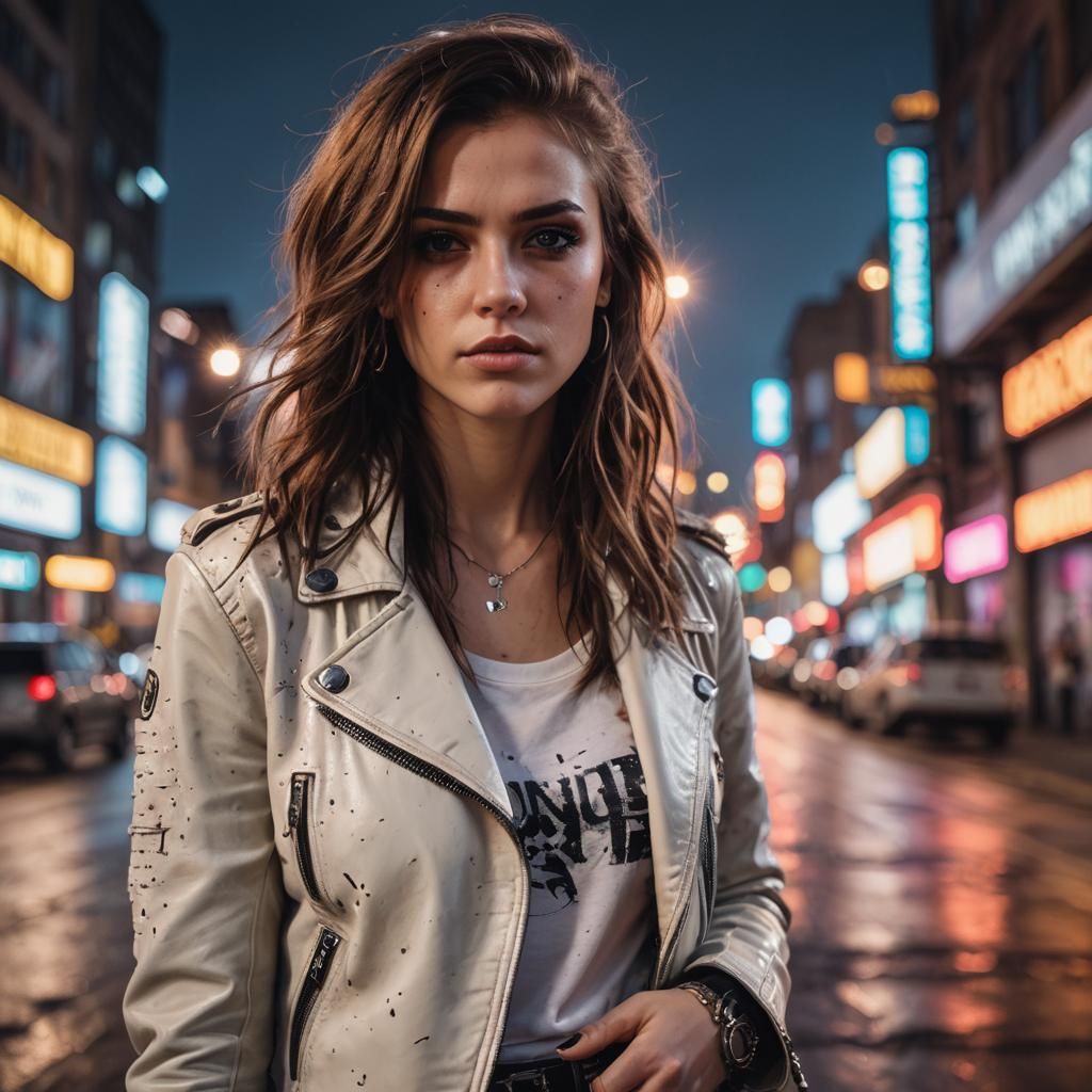 Punk Rock Girl Headshot with Neon City Lights