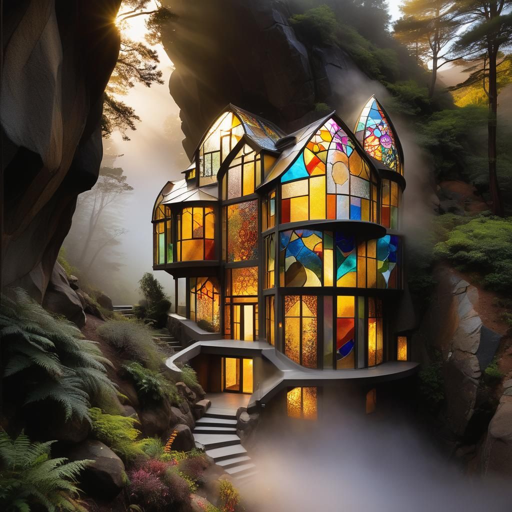Beautiful stainde glass house build into a cave