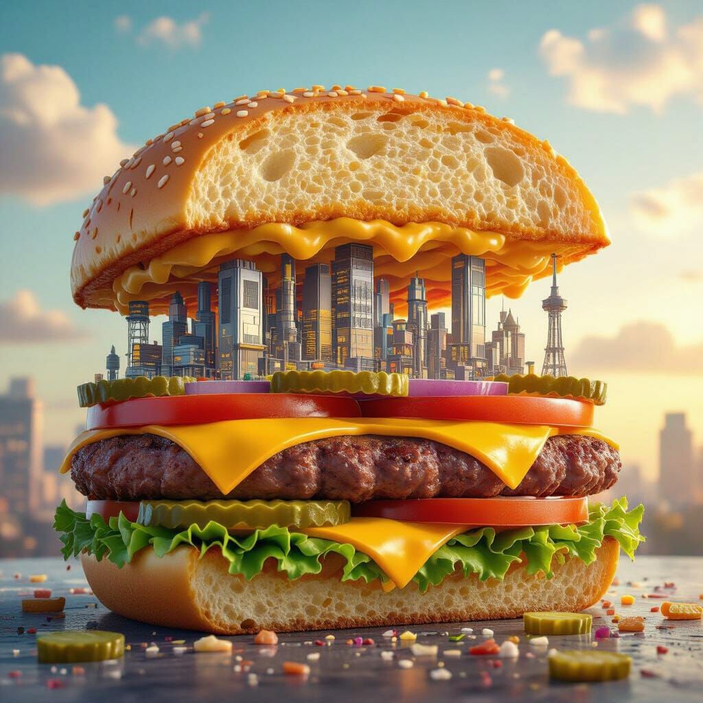 Gigantic Cheeseburger Cityscape in Matte Painting Style