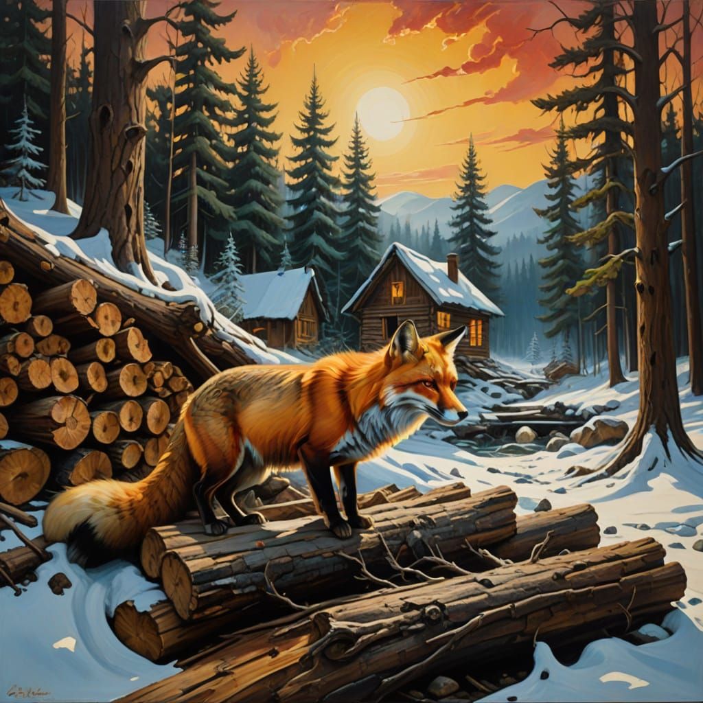 Warm Winter Refuge in a Snowy Forest Valley, Surrealist Oil ...