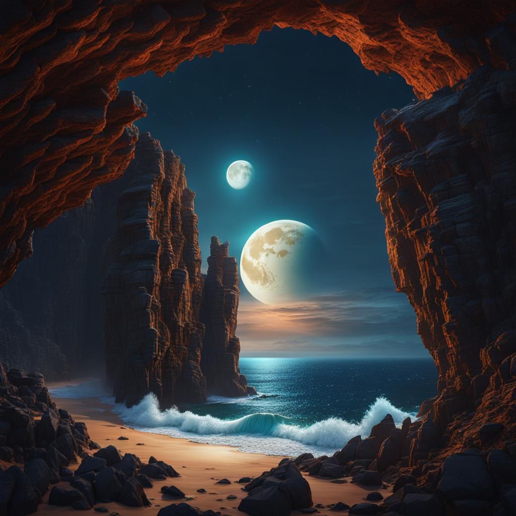 Moonlit Ocean Framed by Cliffs in Detailed Matte Painting