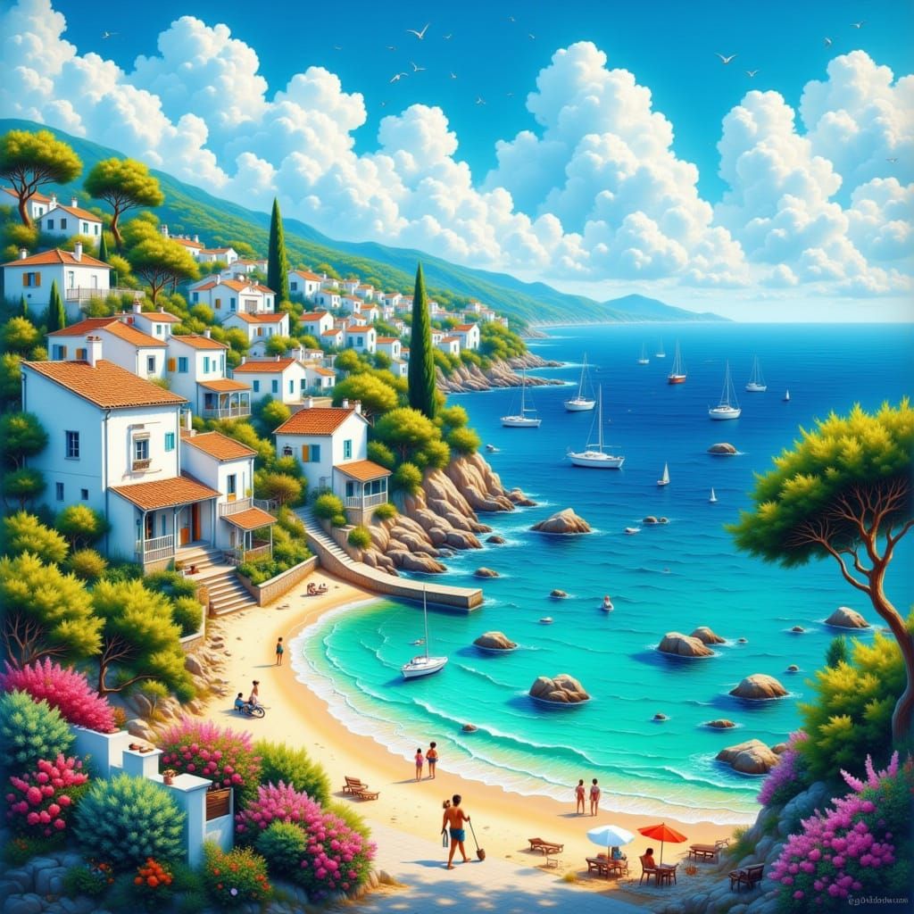 Spanish Mediterranean Coast Village in Aquarelle Style