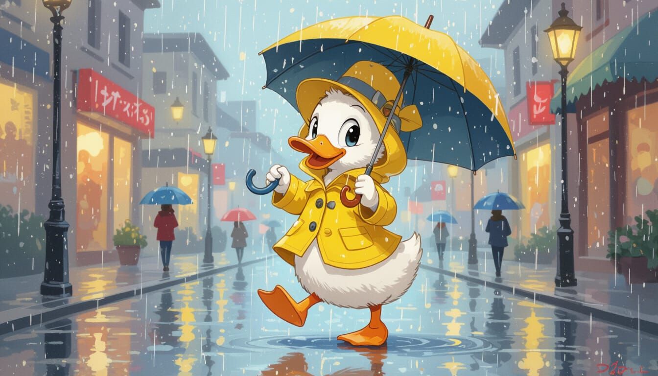 Duckling Dances in Rainy Streets, Whimsical Art