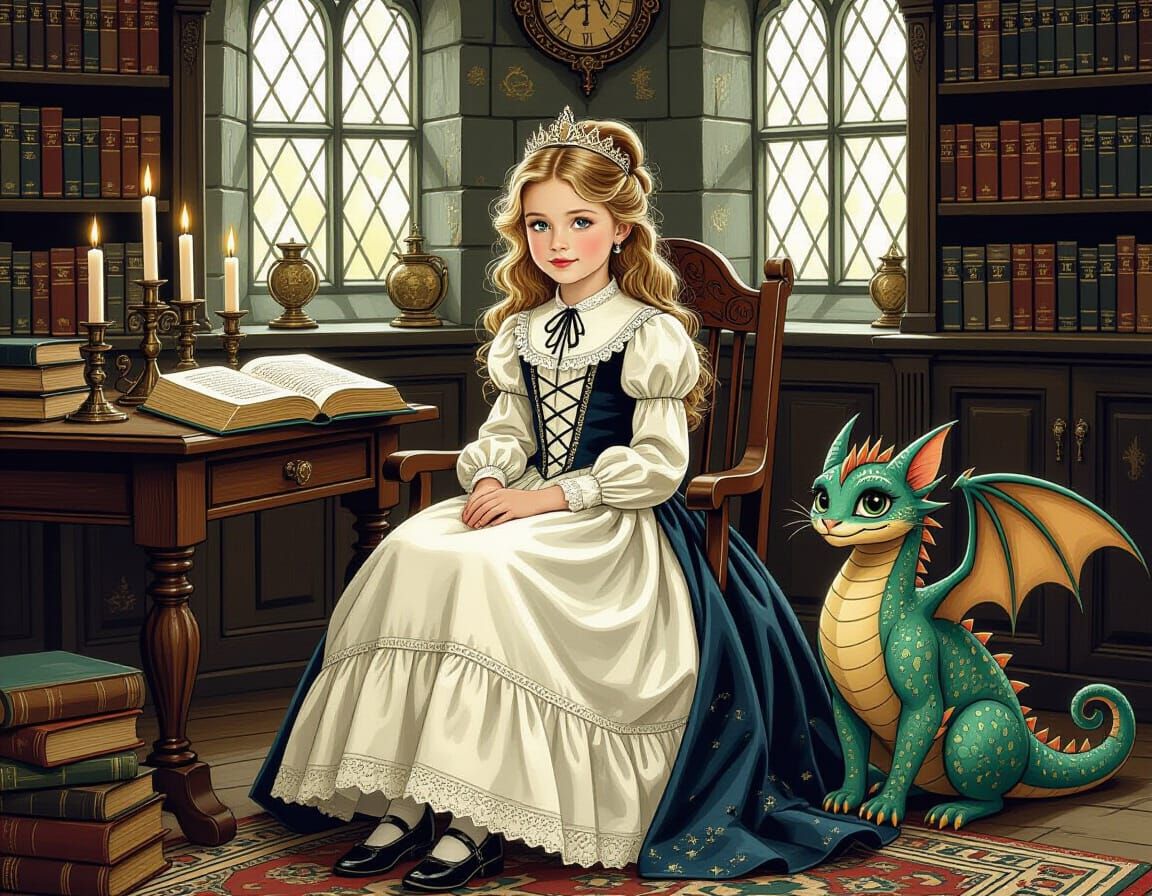 Victorian Girl at Hogwarts with Dragon-Cat Pet