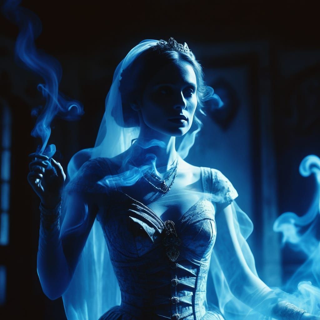 Blue Lady Ghost Emitting Smoke in Haunted Mansion