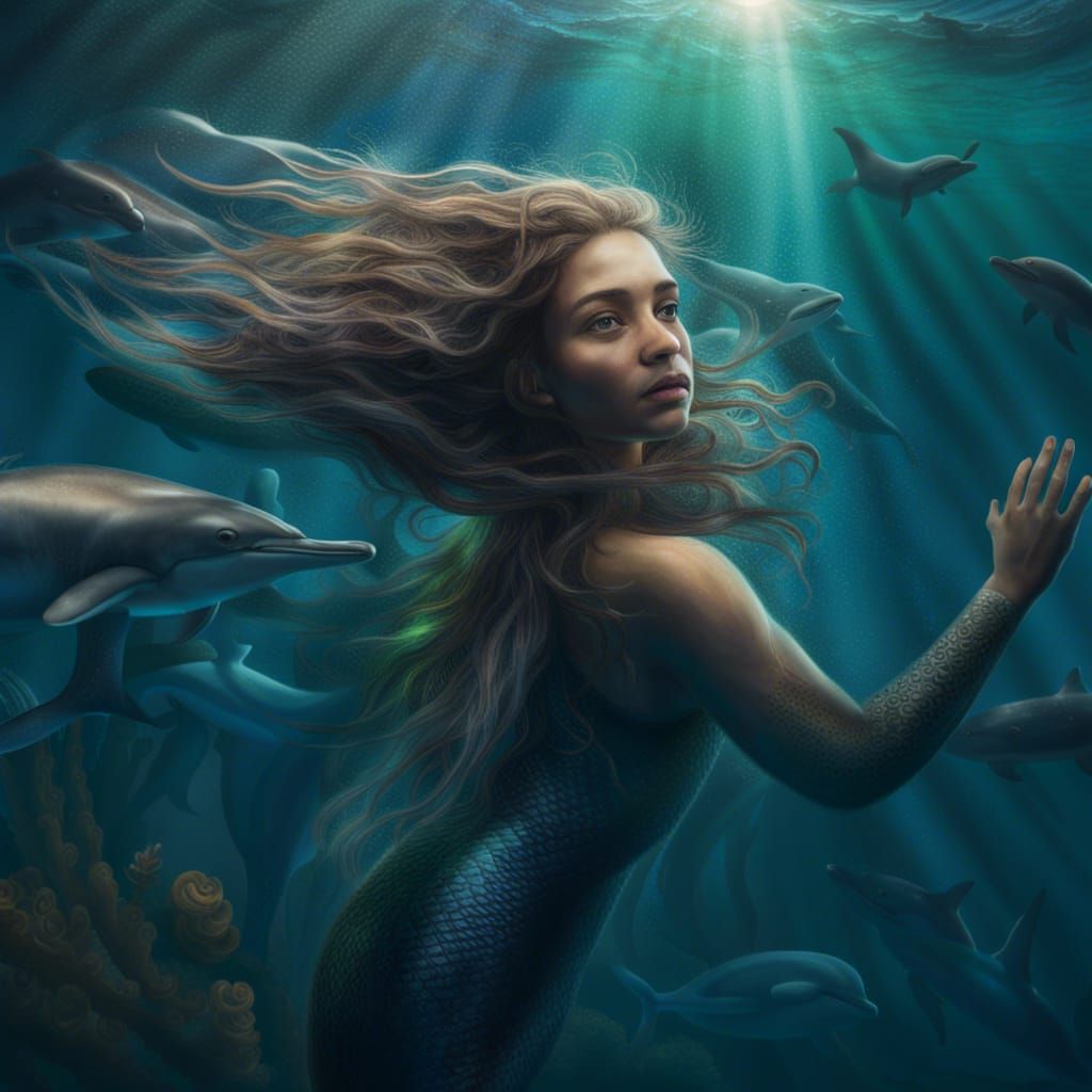 a mermaid under the water with a dolphin