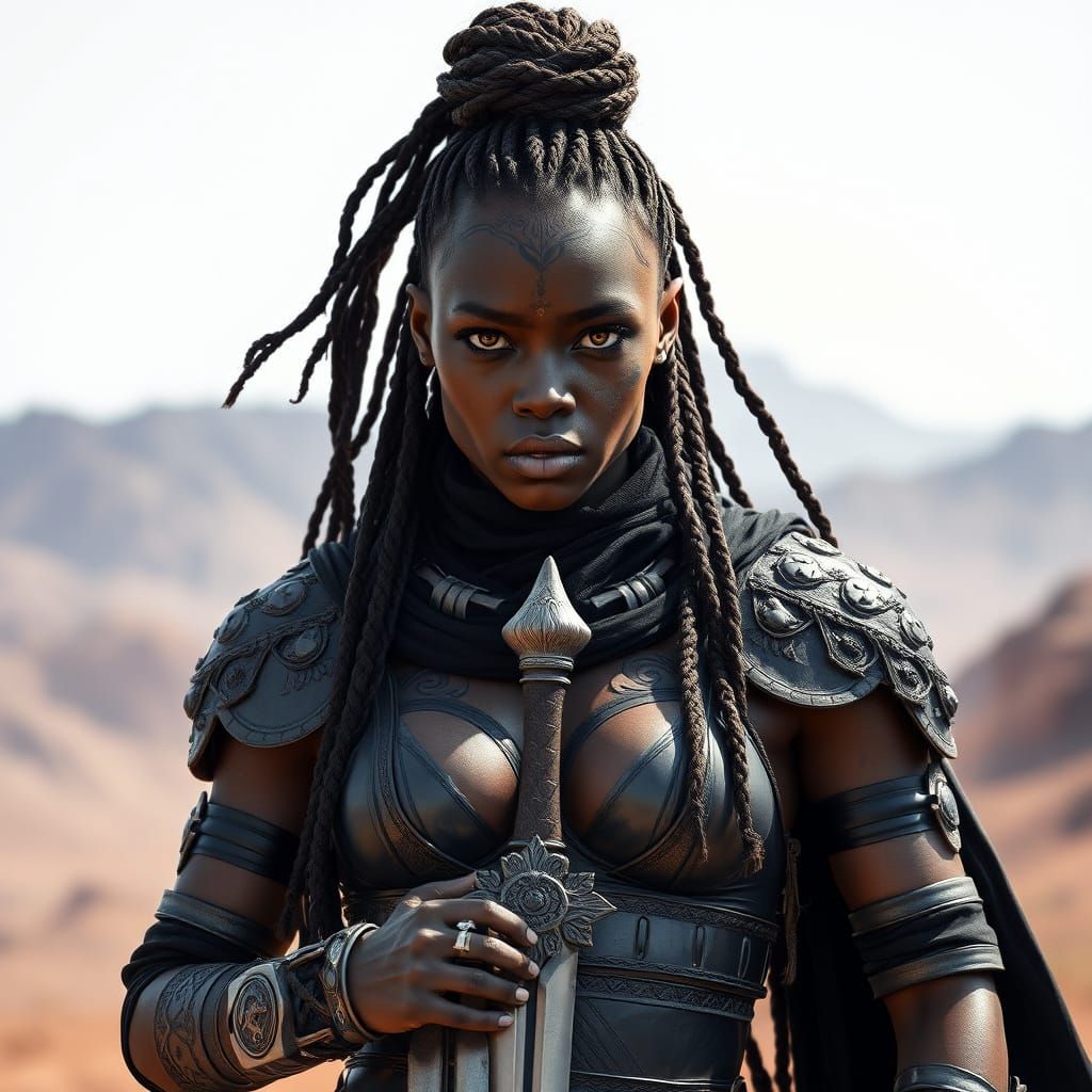 Powerful African Warrior Woman in Metallic Armor with Tribal...