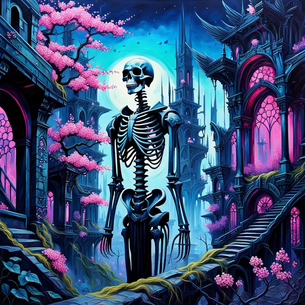 Mermaidpunk Arcology Ruins Oil Painting with Raven