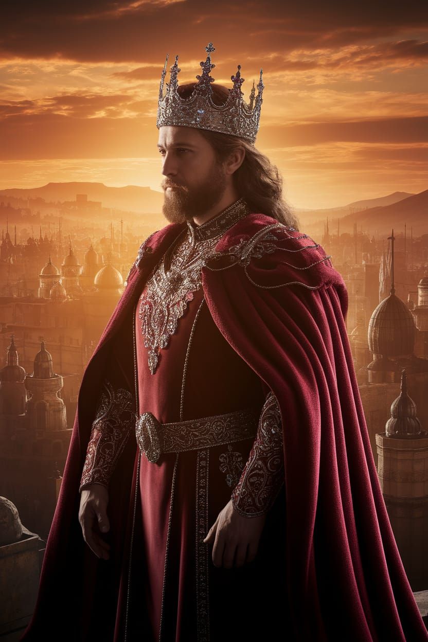 Regal Lord Embracing Golden Sunset Over Ancient City