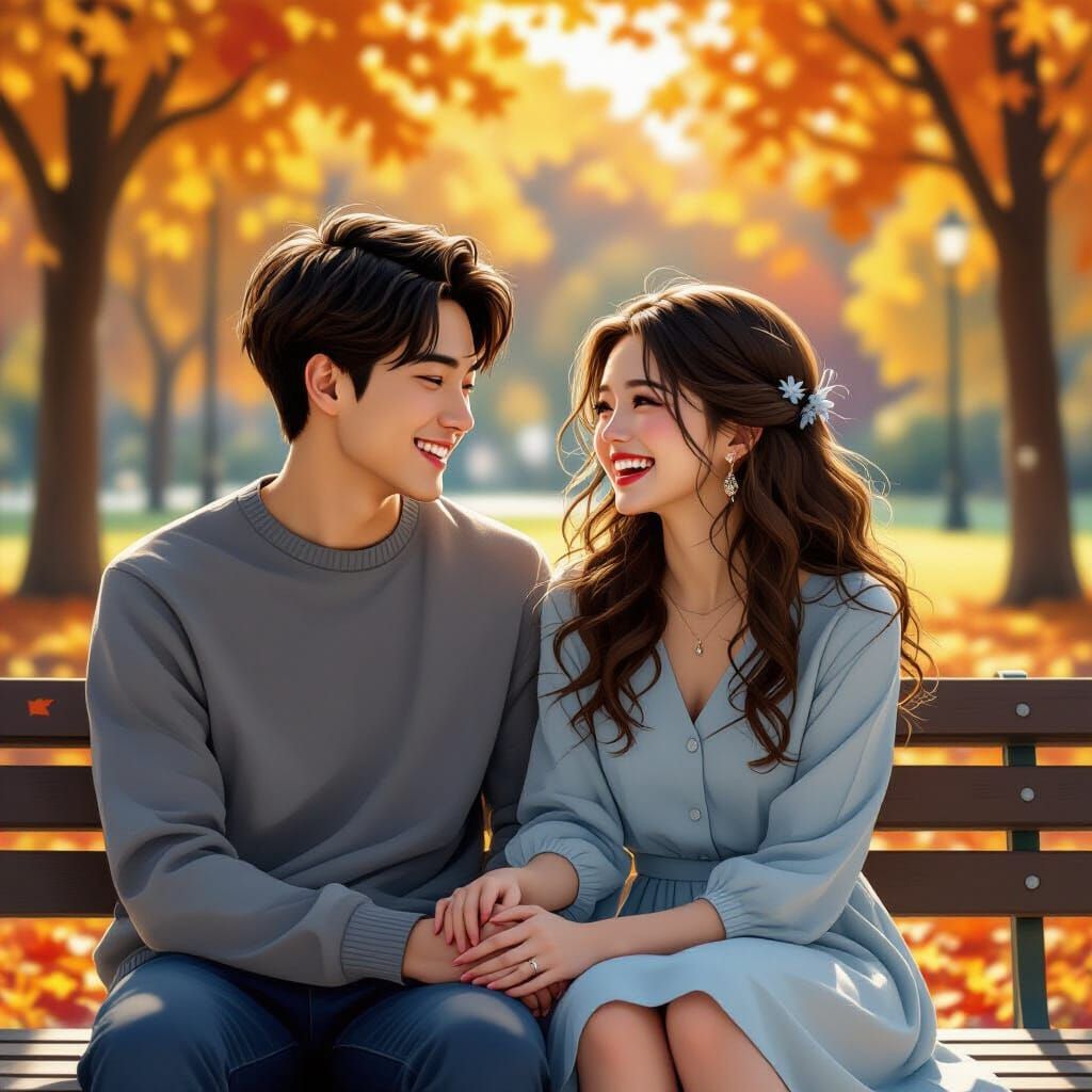 Couple Laughing on Park Bench in Autumn