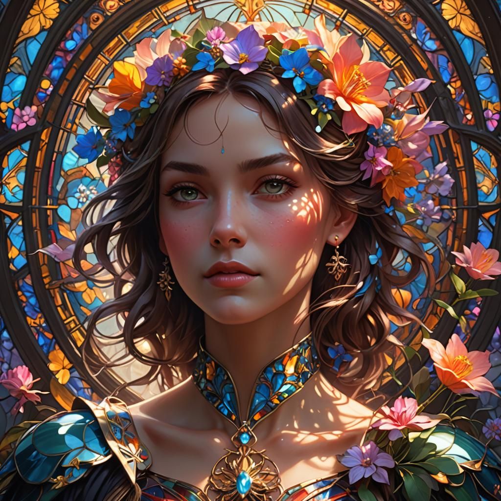 Stained-Glass Soul: A Hyperdetailed Floral Portrait