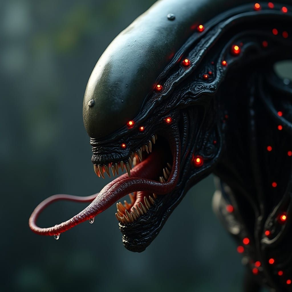 Menacing Alien Close-Up in Dark Gothic Futuristic Style