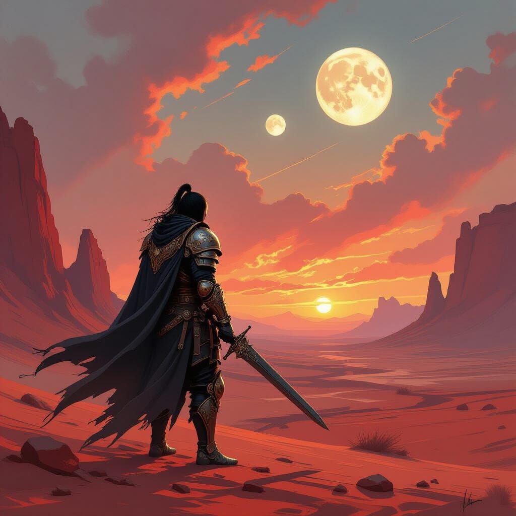 Lone Warrior on Alien World Under Twin Moons