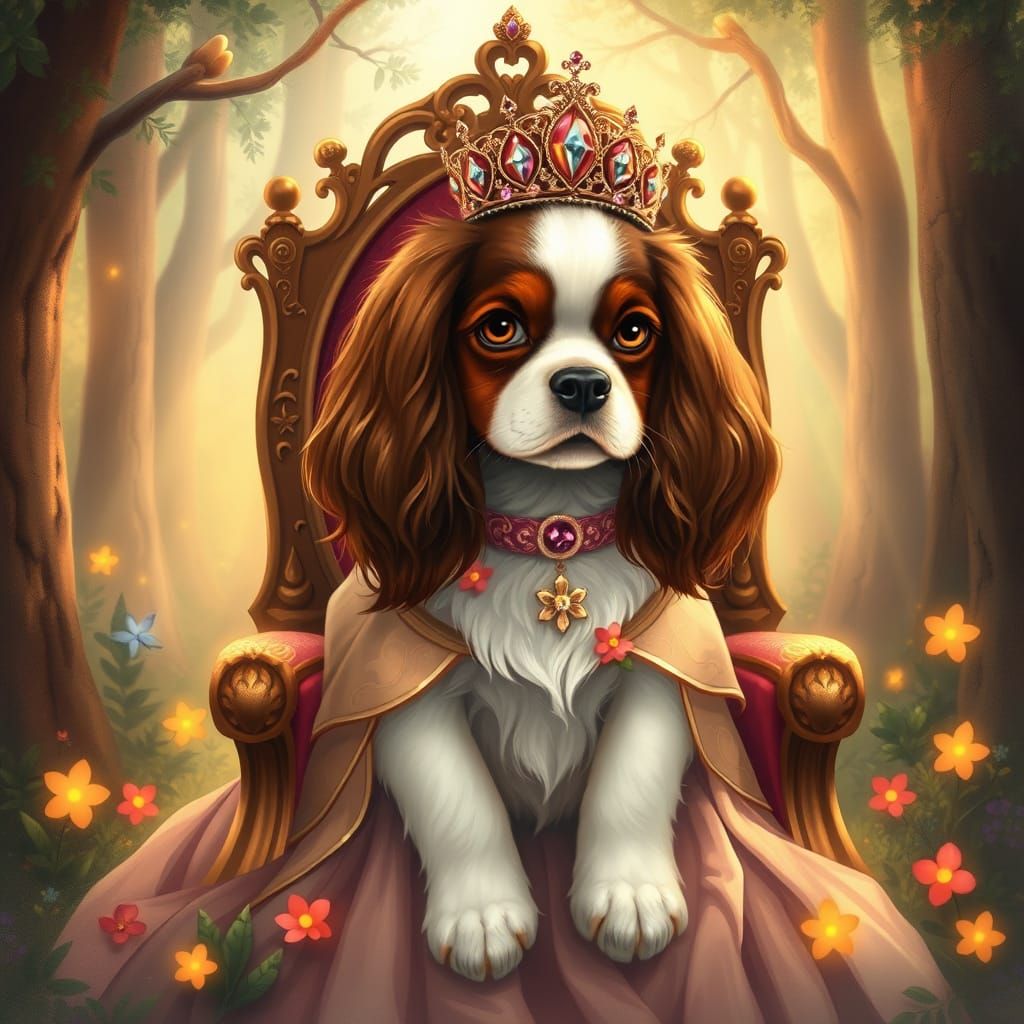 Regal Cavalier King Charles Spaniel in Enchanted Forest