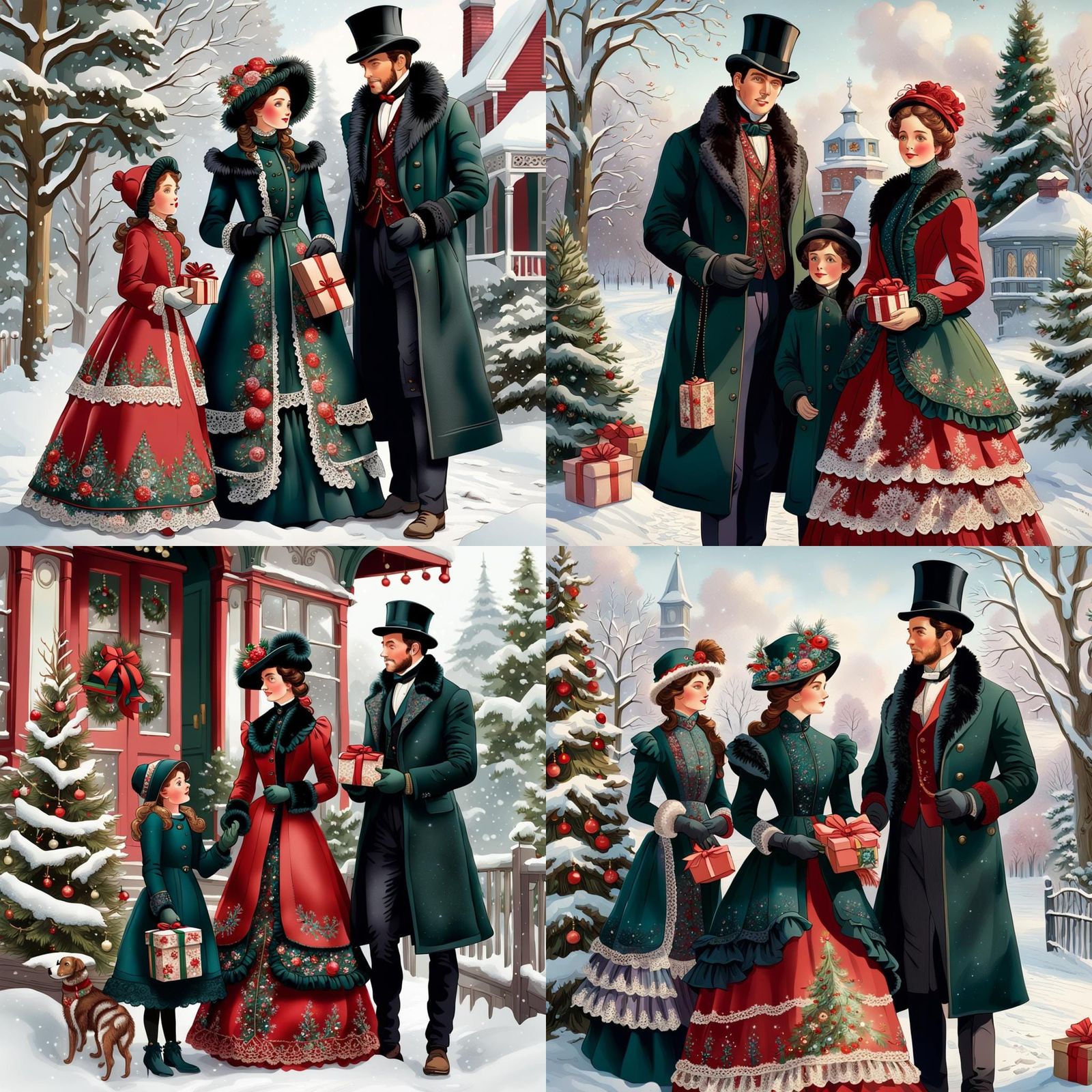 Victorian Family Christmas Scene in Watercolour Style
