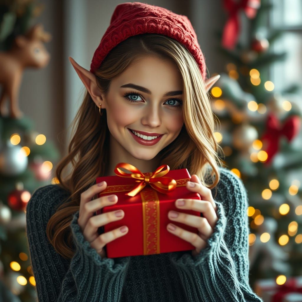 Hyperrealistic Young Elf Woman Presents Christmas Gift