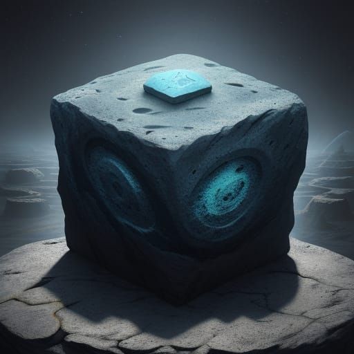 Surreal Stone with Glowing Glyphs on Alien Landscape