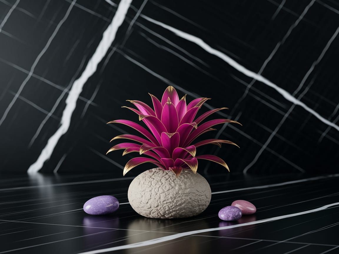 Magenta Plant Blooms on Black Marble in Vibrant Colors