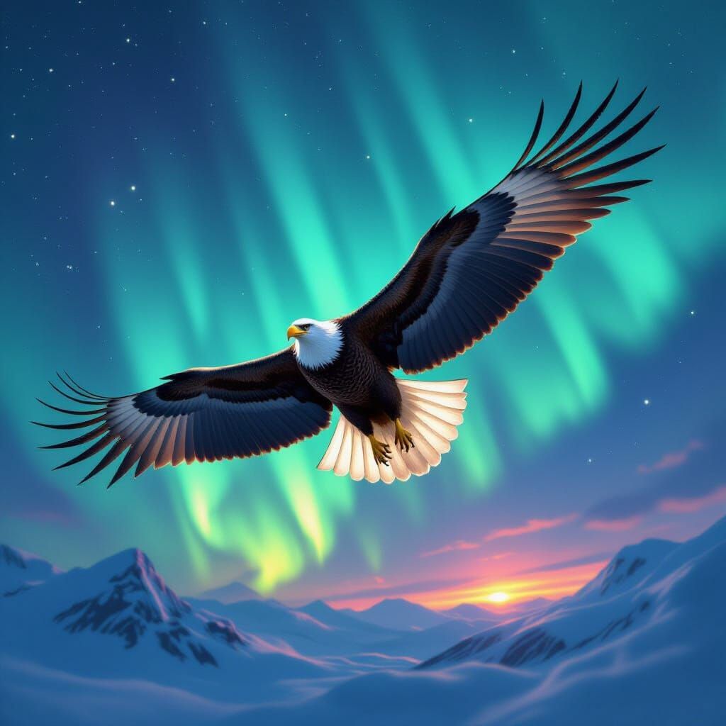 Majestic Eagle Soars Under Aurora Borealis