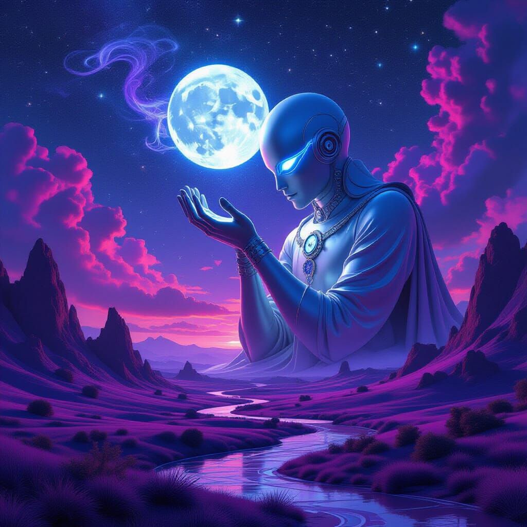 Cosmic Clockwork Landscape with Ethereal Wisps