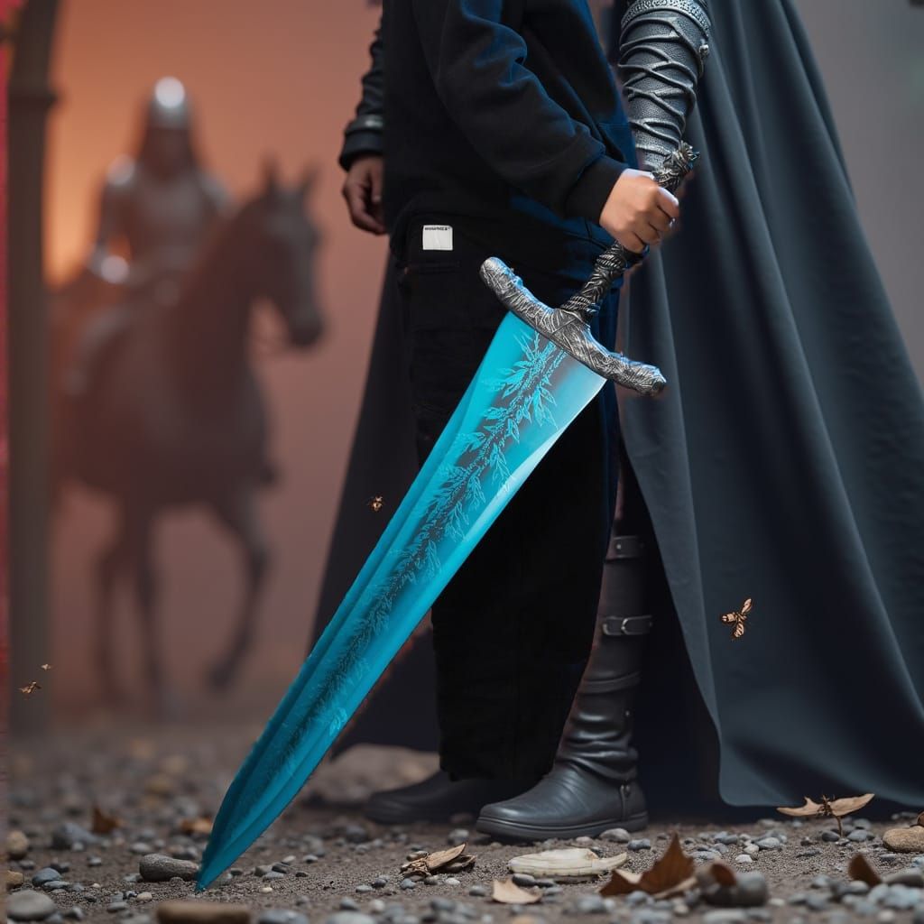 Heroic Knight with Blue Sword on Battlefield