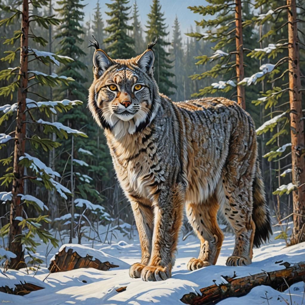 Canadian Lynx in Taiga, Oil Painting Style