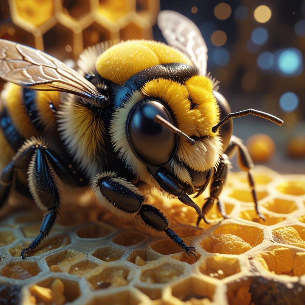 Sleepy Bumblebee with Huge Eyes on Honeycomb
