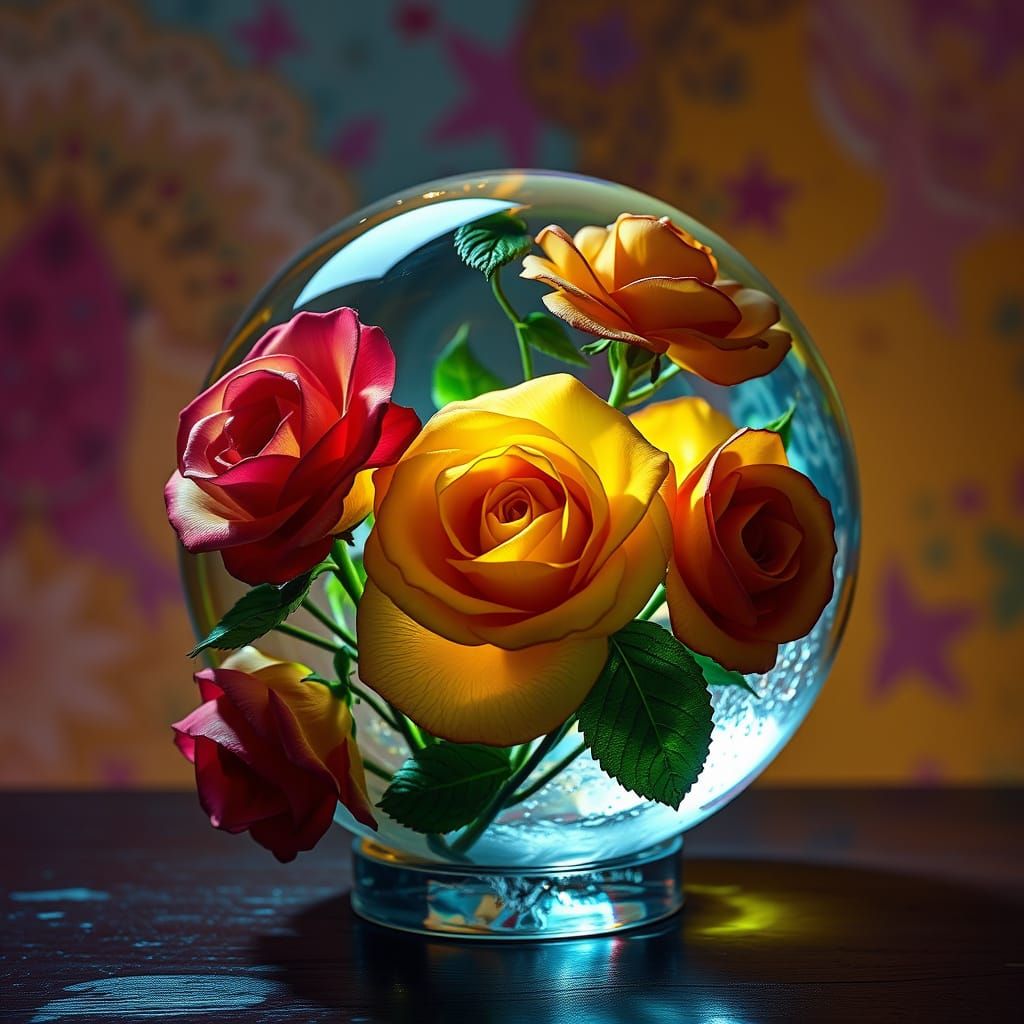 Crystal Sphere with Roses in Hyperrealistic Style