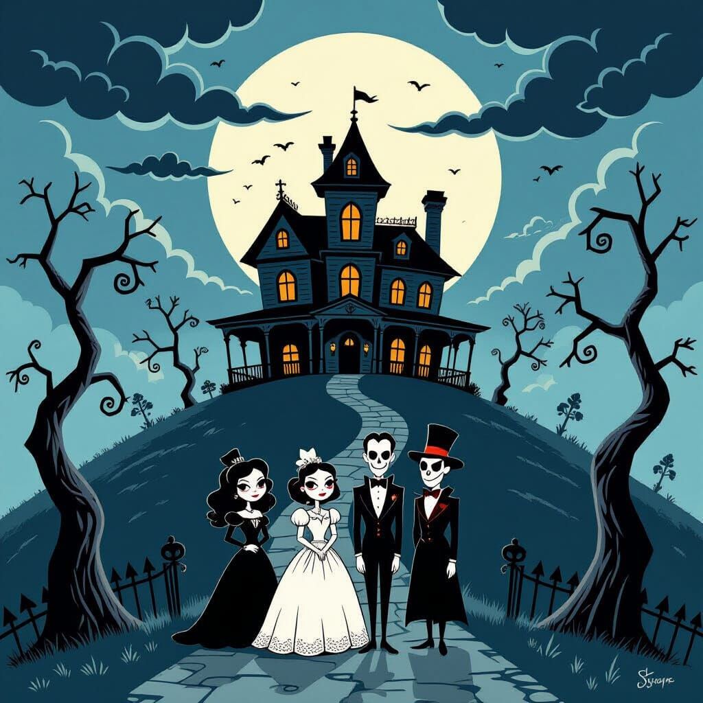 Gothic Cartoon Family Portrait in Front of Mansion