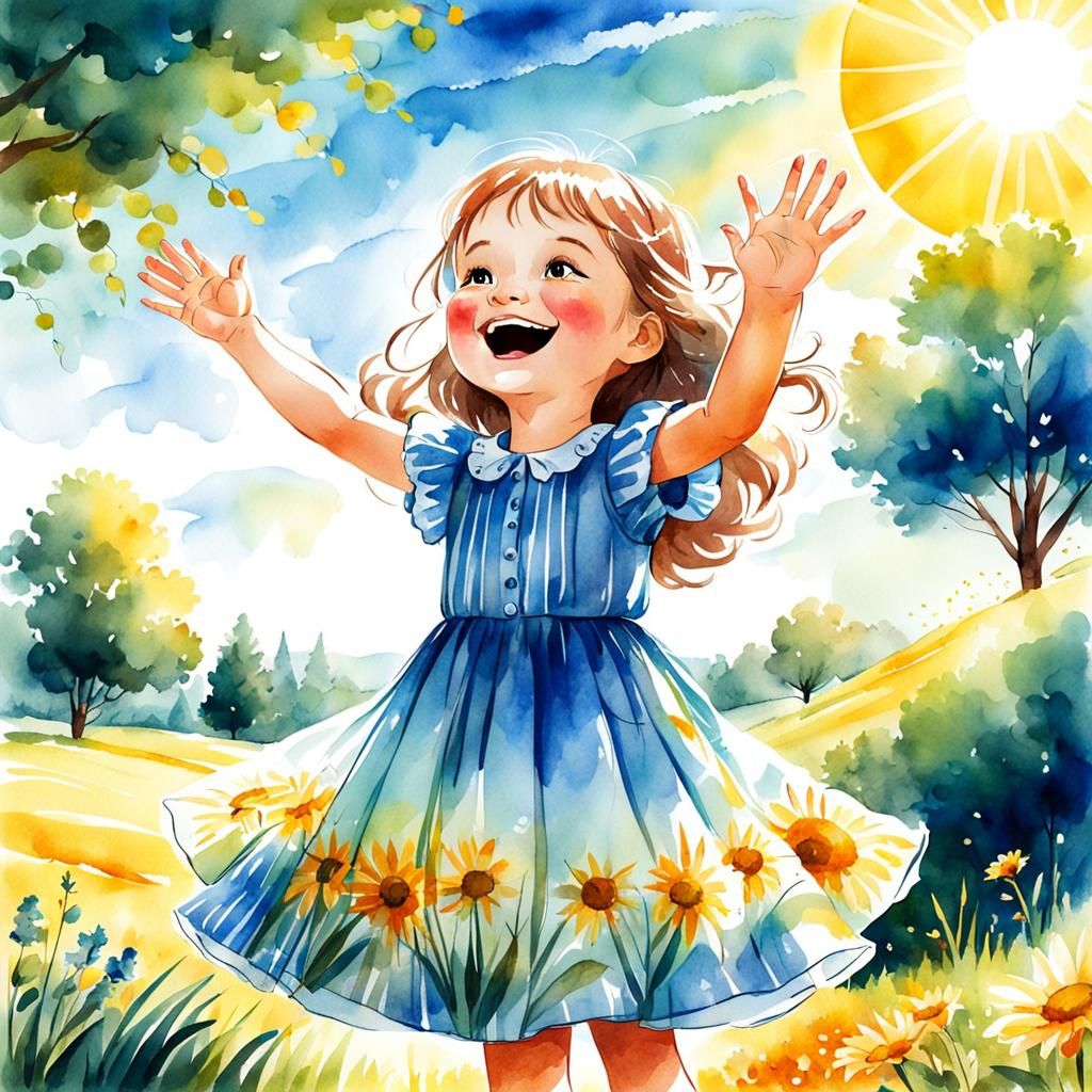 Girl Catches Sun Rays: Watercolor Digital Sketch