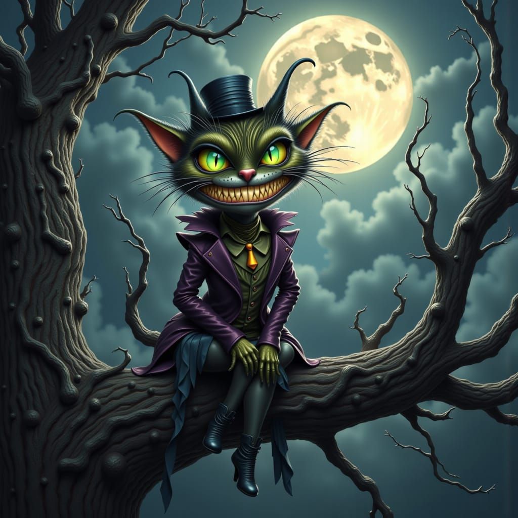 Cheshire Cat in Victorian Attire Under Full Moon
