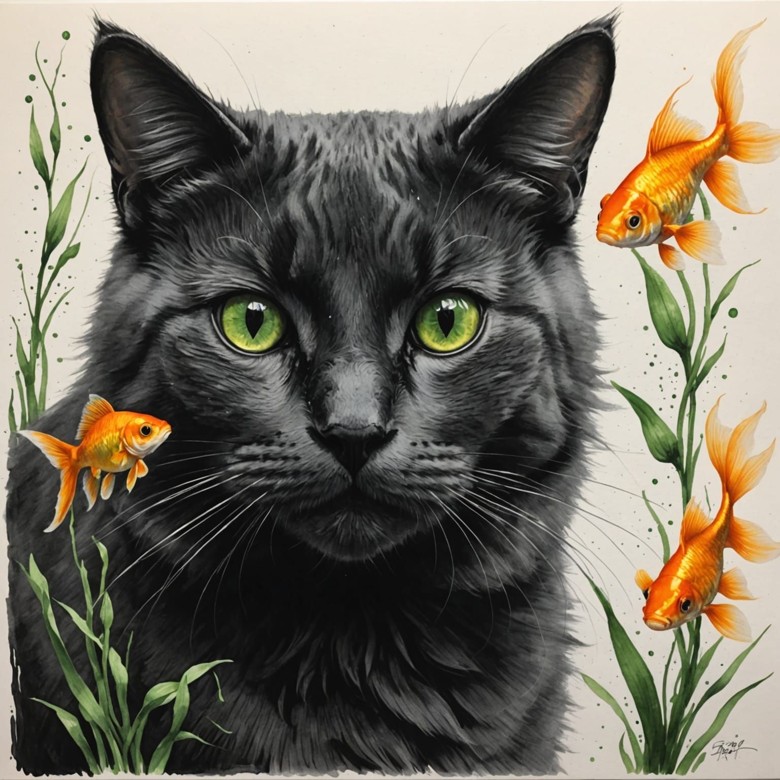 Black Cat Plunging Head into Fishbowl, Green Eyes