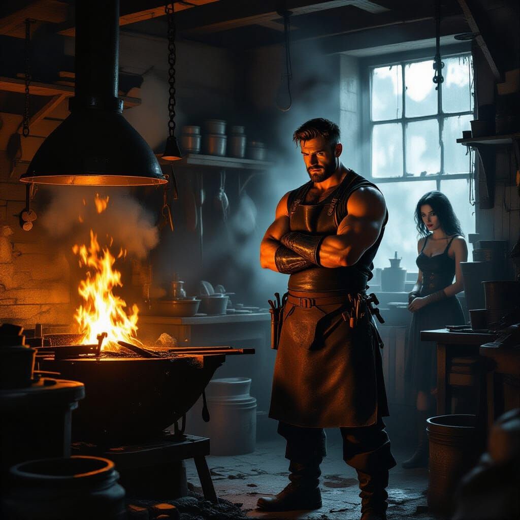 Blacksmith in Forge, Shadows and Industry