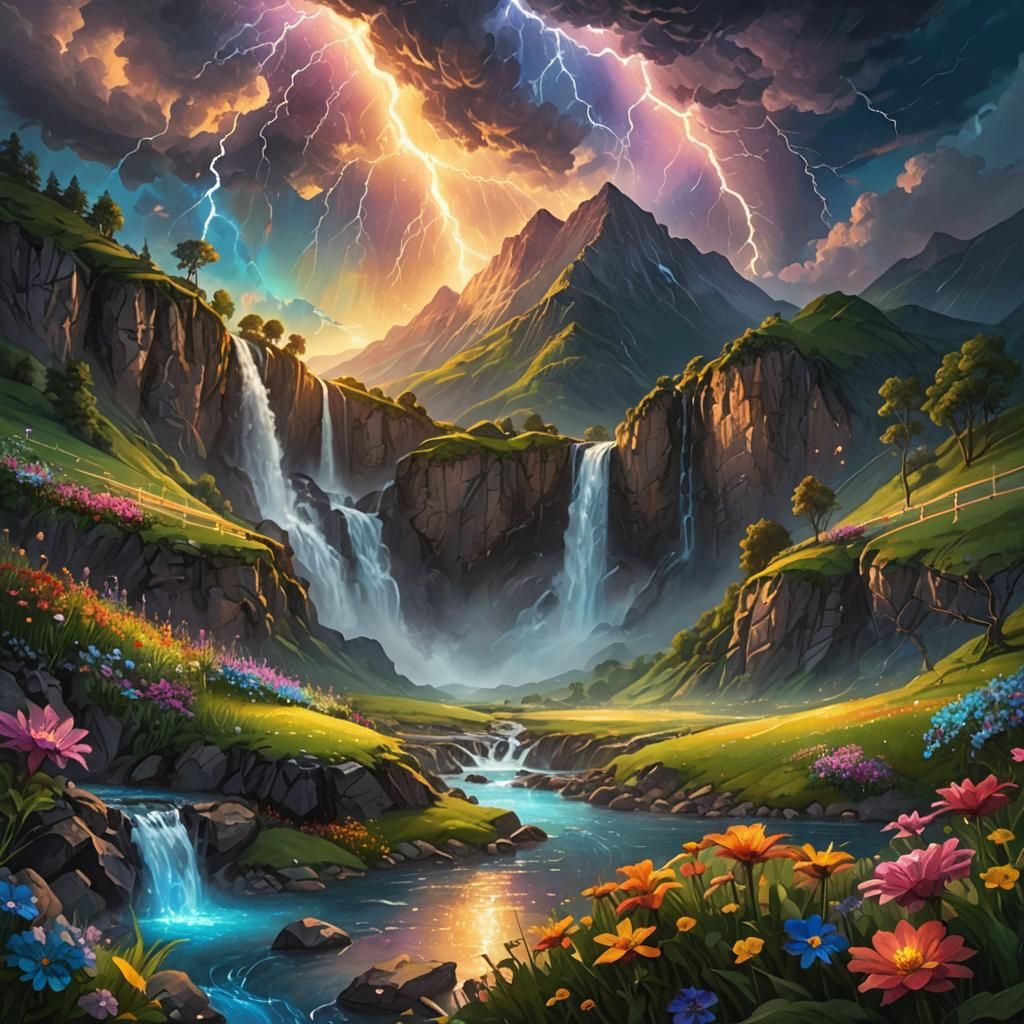 Cosmic Mountain Valley with Lightning, Surreal Illustration