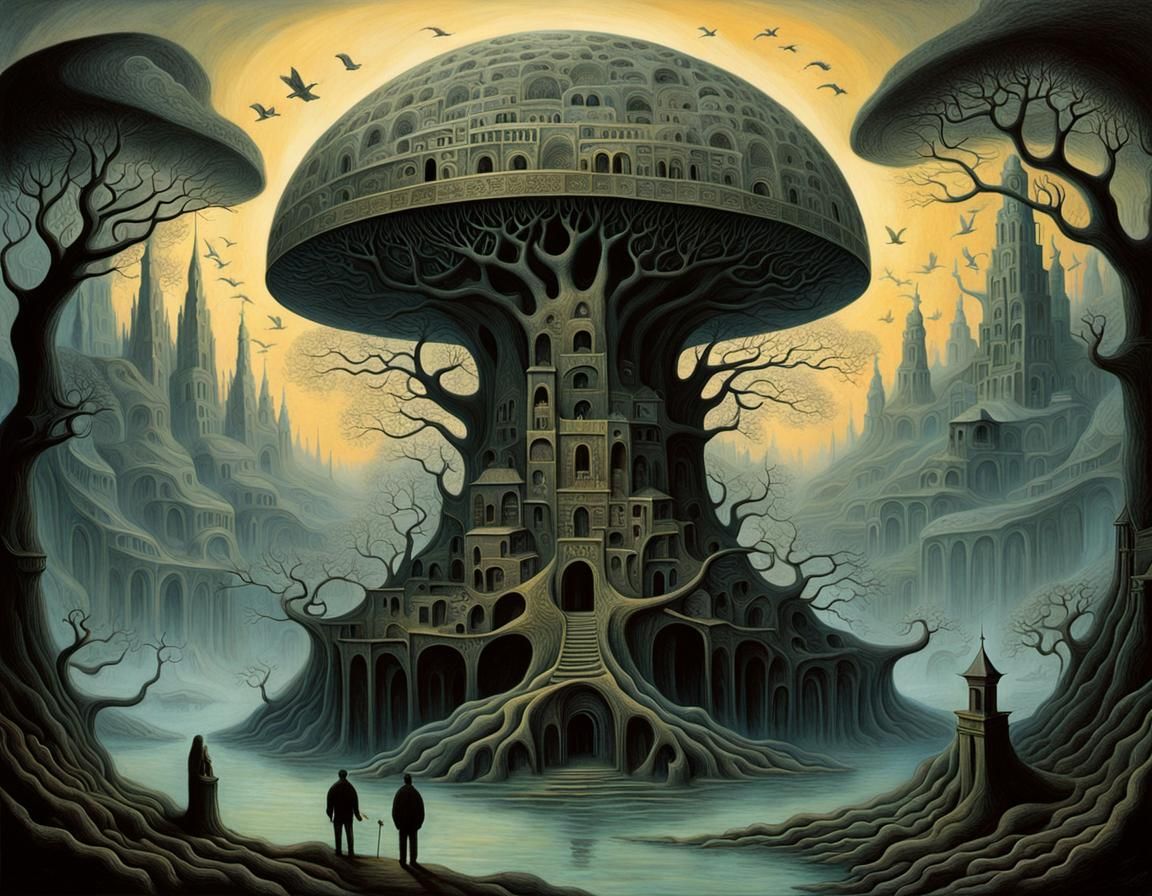 Surreal Tree-Like Structure in Dreamlike Landscape