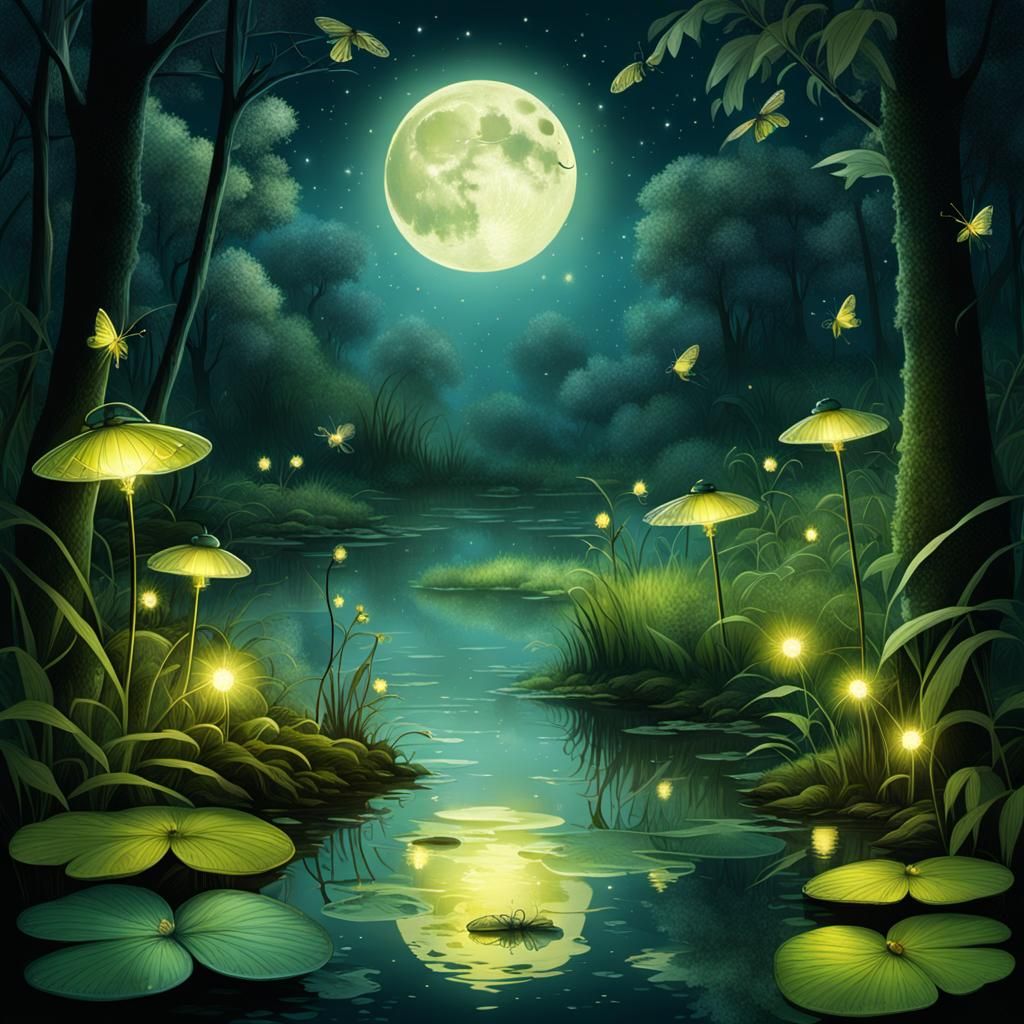 Enchanted Fireflies and Fairies in Moonlight Swamp