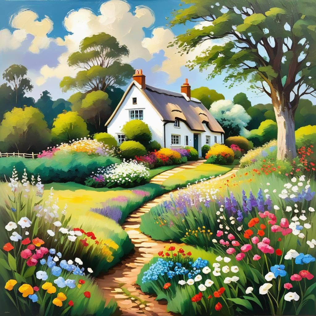 Quaint Cottage Surrounded by Wildflowers: Impasto Painting