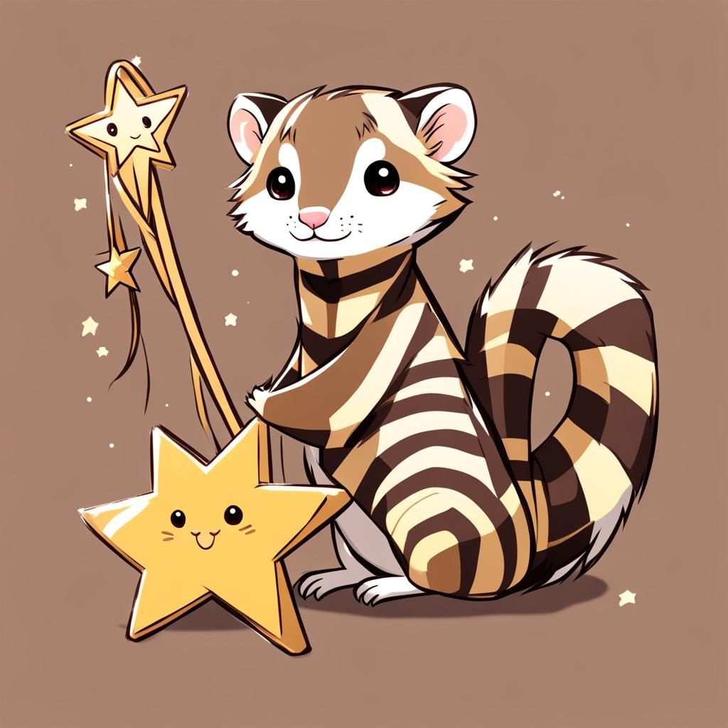 Happy Ferret Holding Star in Anime Style
