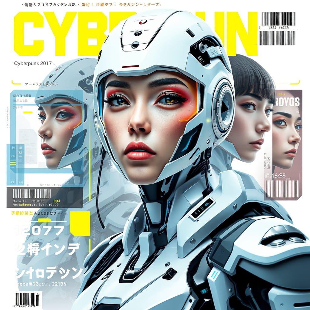 Futuristic Cyborg Magazine Cover in Cyberpunk 2077 Style