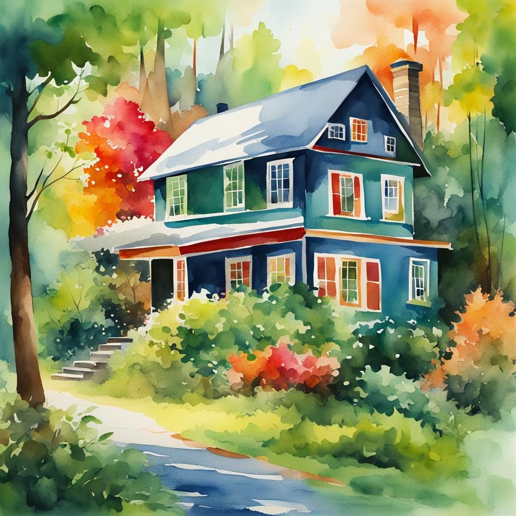 Colorful House in Forest: Watercolor Painting