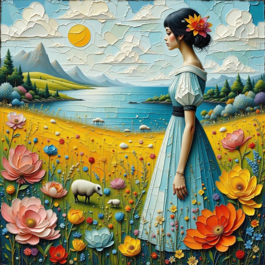 Surrealism Meadow with Sheep and Wildflowers