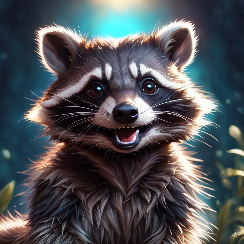 Joyful Baby Raccoon Portrait in Digital Art Style