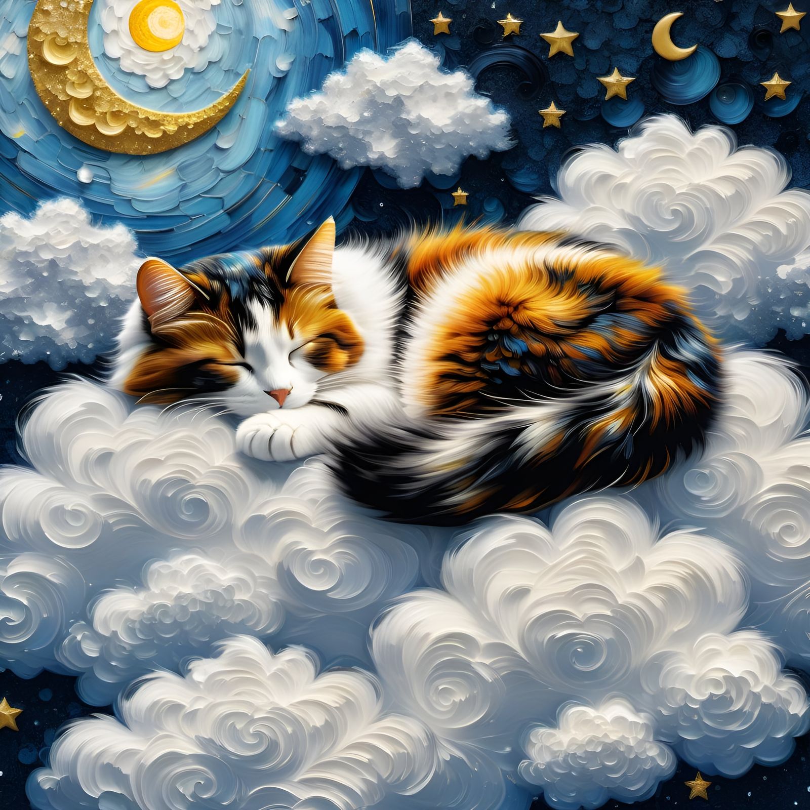 Sleeping cat Fluffy clouds Fuzzy stipple texture Clouds Crescent moon Van Gogh  Calico cat sitting on a cloud White Fuzz...